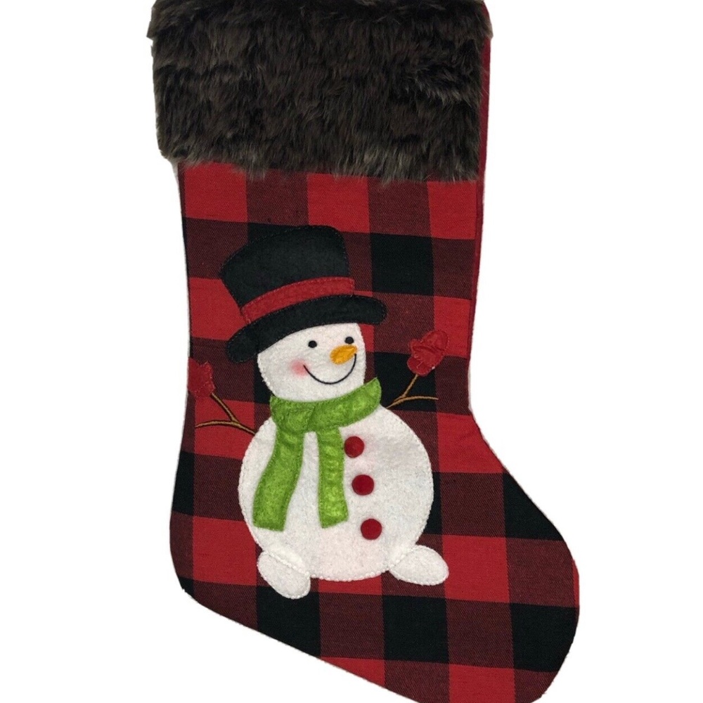 Christmas Stocking Cute Snowman Faux Fur Red and Black Buffalo Plaid Red Buttons
